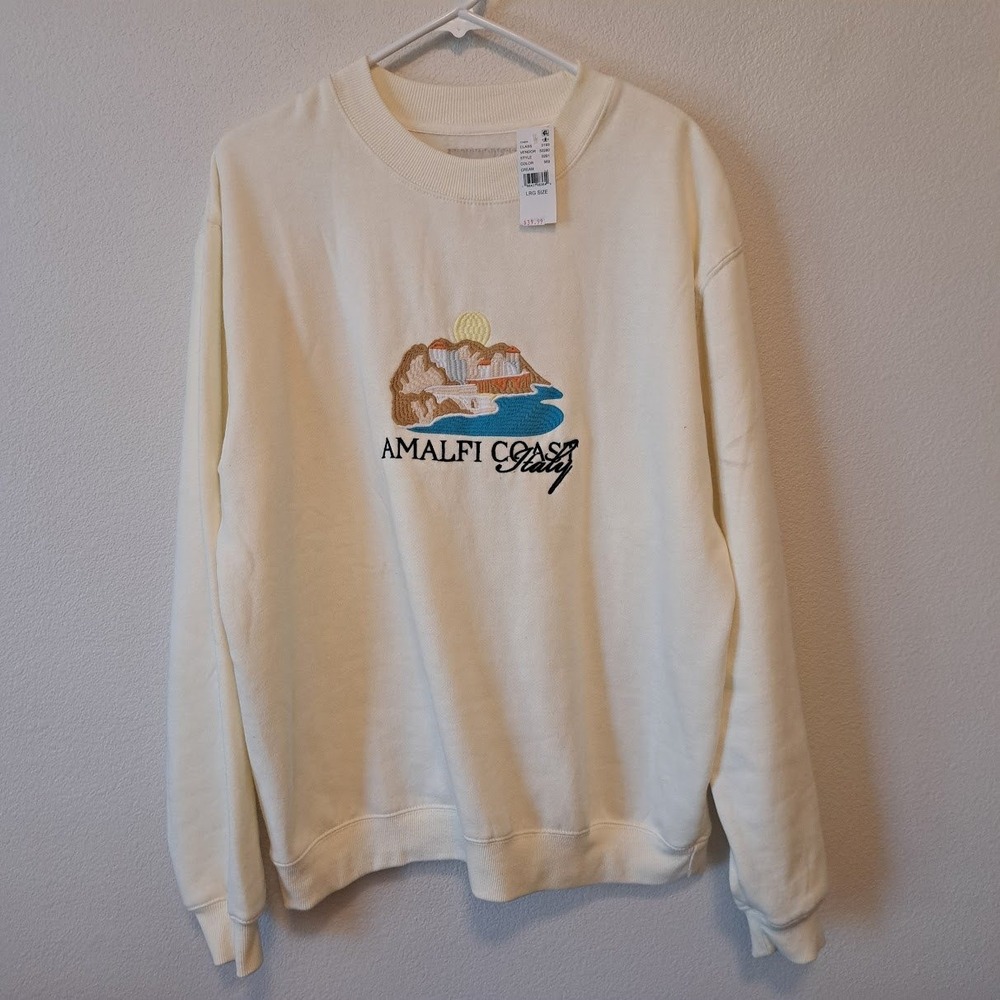 PacSun Amalfi Coast Italy Embroidered Crewneck Sweatshirt Cream Large NWT